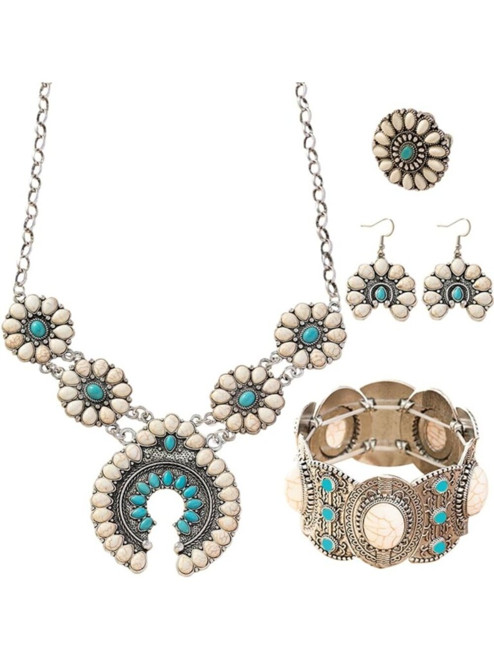 Boho Vintage Turquoise Jewelry Set for Women - Necklace, Earrings, Bracelet